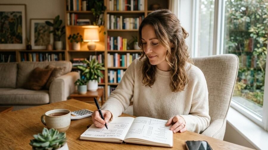 Pessoa sentada à mesa com caderno e celular refletindo sobre seus hábitos financeiros