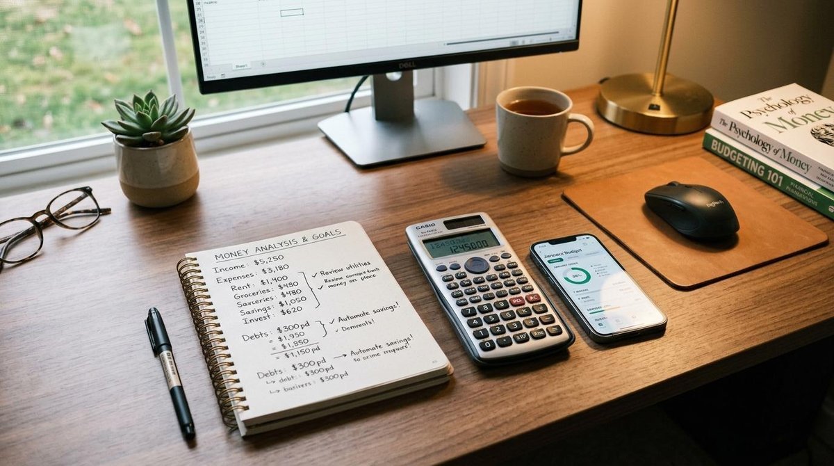 Visão detalhada de uma mesa de trabalho organizada com uma calculadora, um smartphone e anotações manuscritas, iluminada por luz natural suave, transm