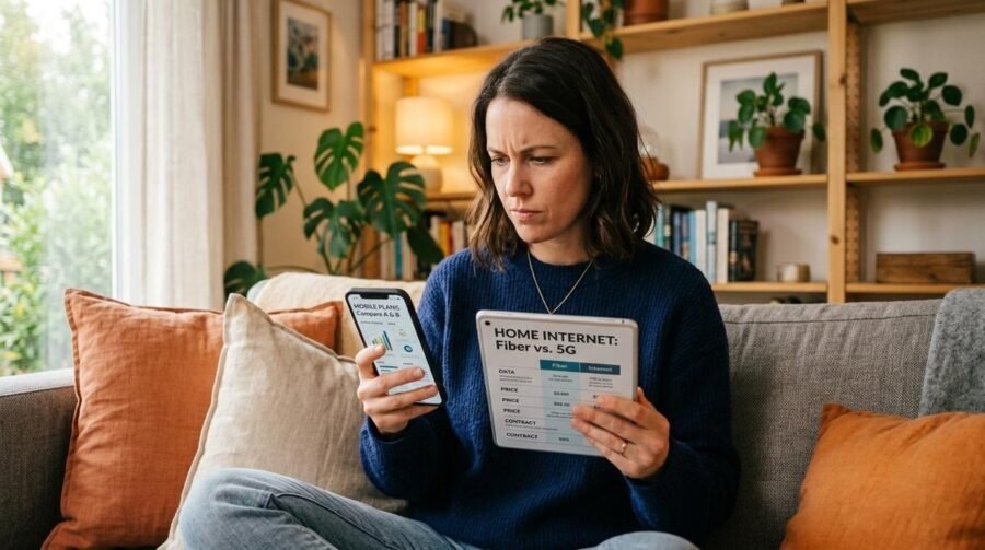 Pessoa analisando opções de planos de telefonia e internet no celular para economizar