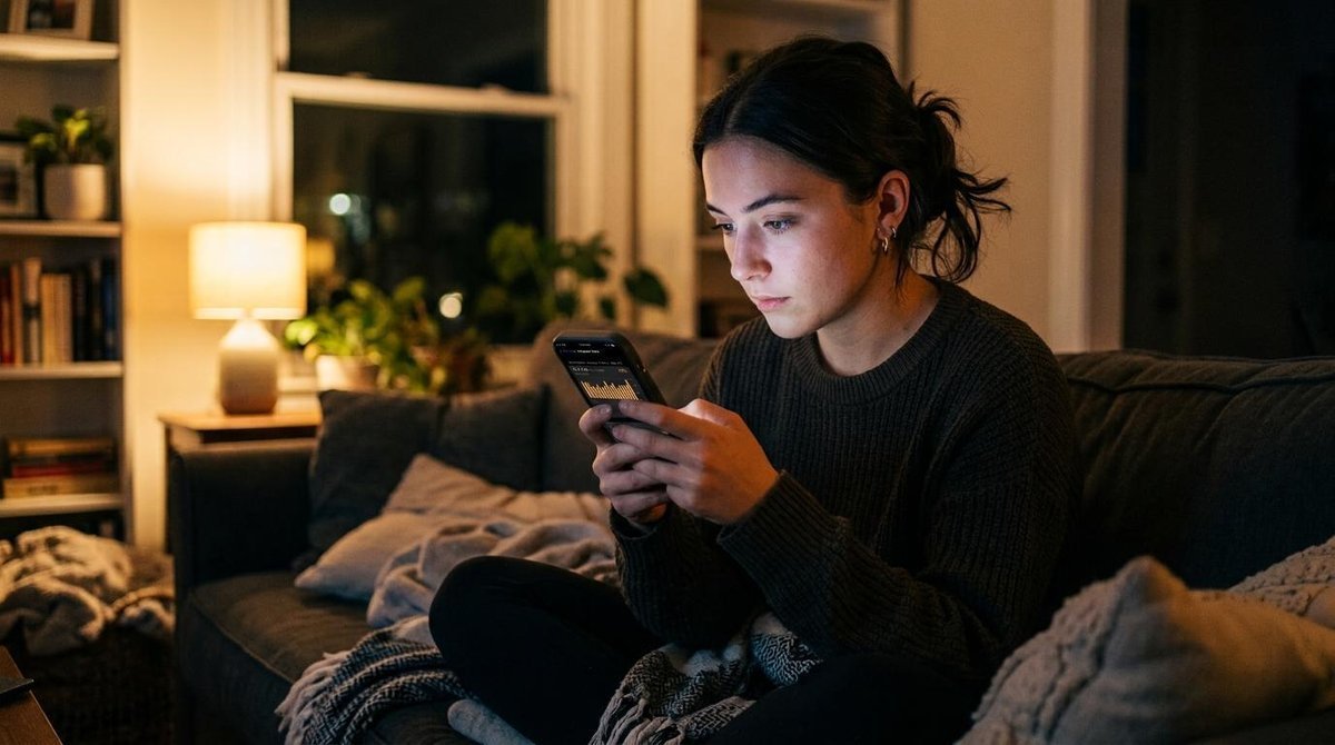 Uma pessoa jovem examina atentamente as configurações de uso de dados em seu smartphone, visualizando estatísticas de consumo mensal, com o rosto ilum