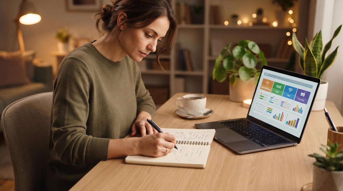 Uma pessoa anota em um caderno enquanto visualiza opções de planos de internet em um laptop aberto sobre uma mesa de escritório minimalista, com uma x