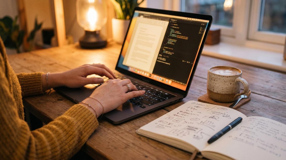 Como contestar uma negativação indevida no SPC e proteger seu histórico de crédito 1 Close-up das mãos de uma pessoa digitando em um laptop com uma tela iluminada, ao lado de uma xícara de café e um caderno aberto com anotações, em um
