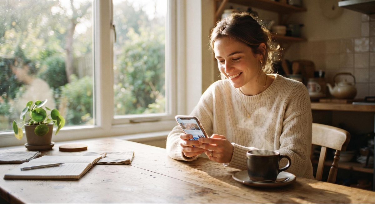 Como criar rotinas financeiras diárias que geram resultados no seu bolso 1 Uma pessoa sentada à mesa da cozinha pela manhã, segurando um smartphone com a tela iluminada e uma xícara de café fumegante ao lado, com luz solar su