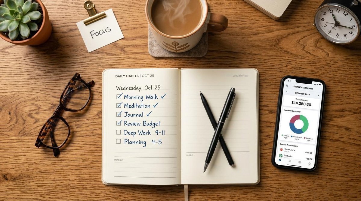 Como criar rotinas financeiras diárias que geram resultados no seu bolso 2 Visão de cima de uma mesa de trabalho com um planejador aberto, uma caneta, óculos e um celular exibindo um aplicativo de finanças, com iluminação sua