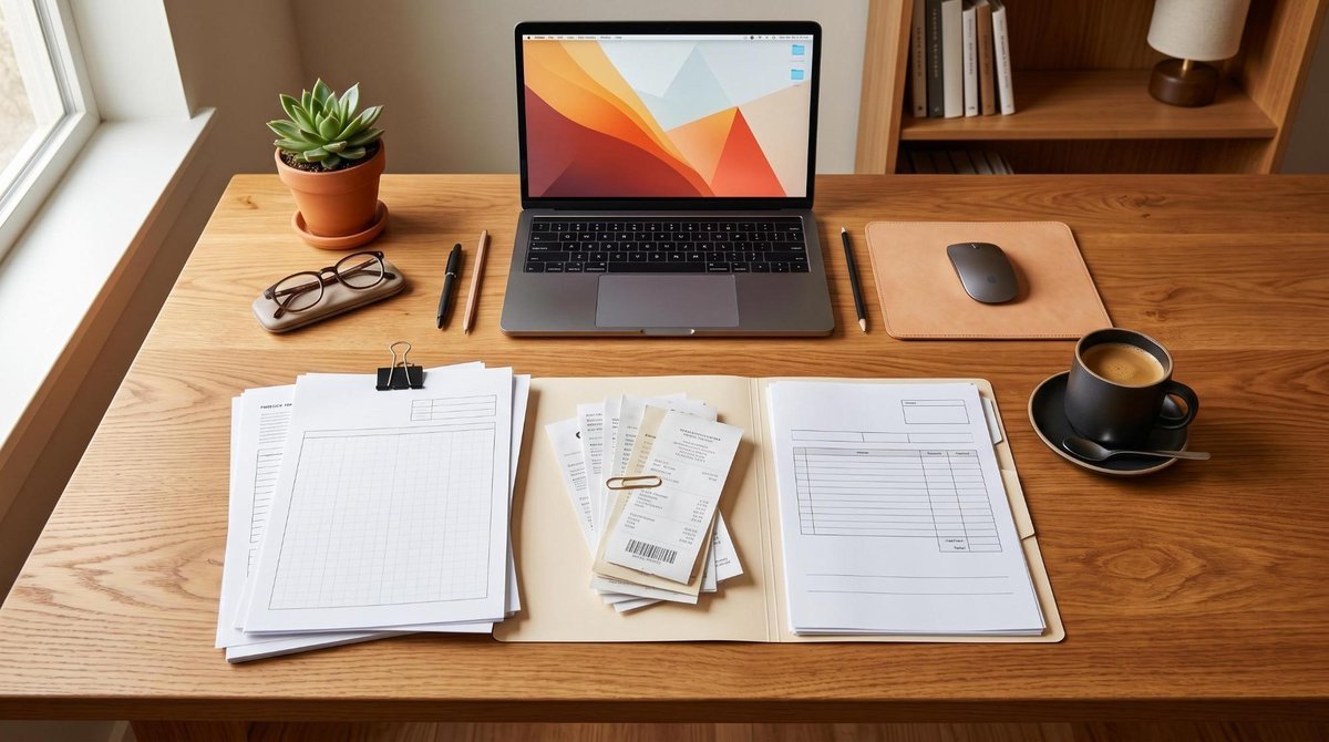 Vista de cima de uma mesa organizada com documentos, recibos, comprovantes de rendimentos e uma xícara de café, ambiente de escritório caseiro limpo e