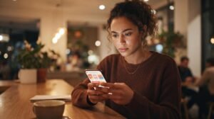 Pessoa segurando celular com expressão atenta ao analisar uma oferta em aplicativo de compras