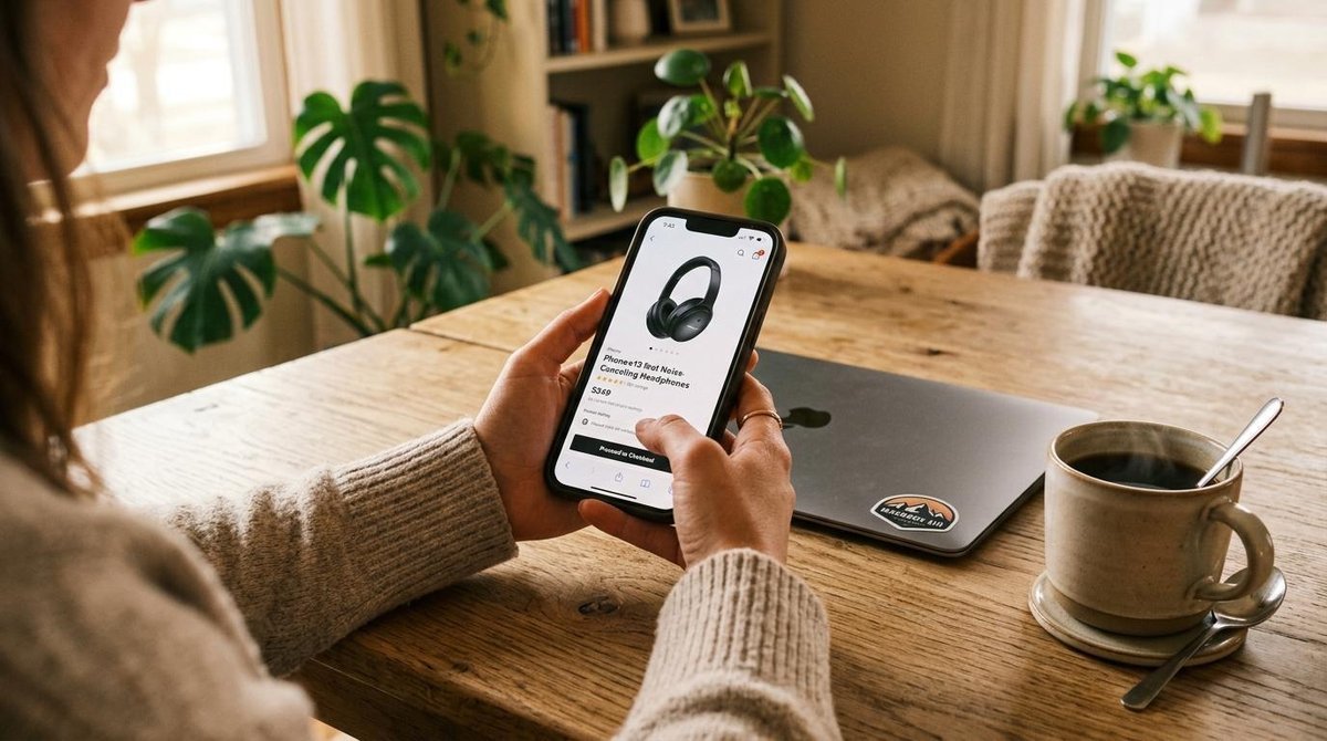 Mãos segurando smartphone sobre uma mesa de madeira clara, com notebook fechado e xícara de café ao lado, ambiente doméstico aconchegante com tons dou