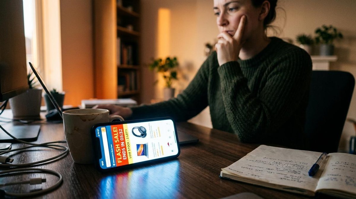Smartphone sobre mesa de trabalho com brilho intenso na tela iluminando o ambiente, pessoa ao fundo com mão no queixo em postura pensativa, luz natura