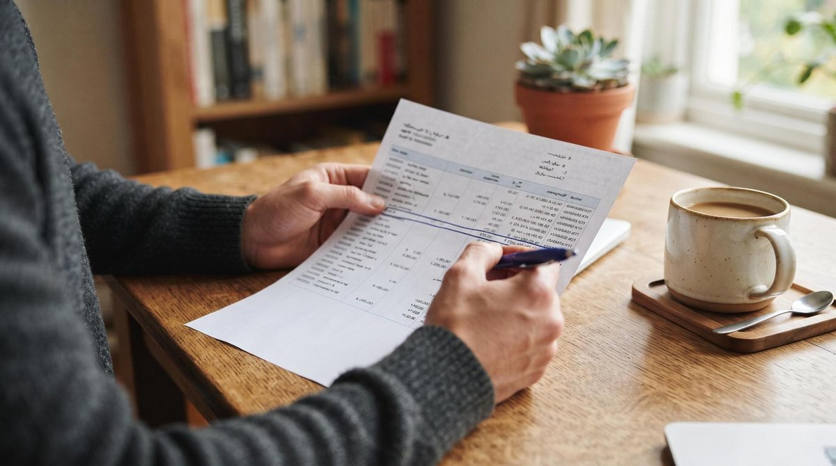 Como identificar taxas escondidas em serviços financeiros e proteger seu dinheiro 1 Mãos de uma pessoa examinando um extrato bancário impresso com uma caneta destacando algumas linhas, em uma mesa de escritório limpa com uma xícara de
