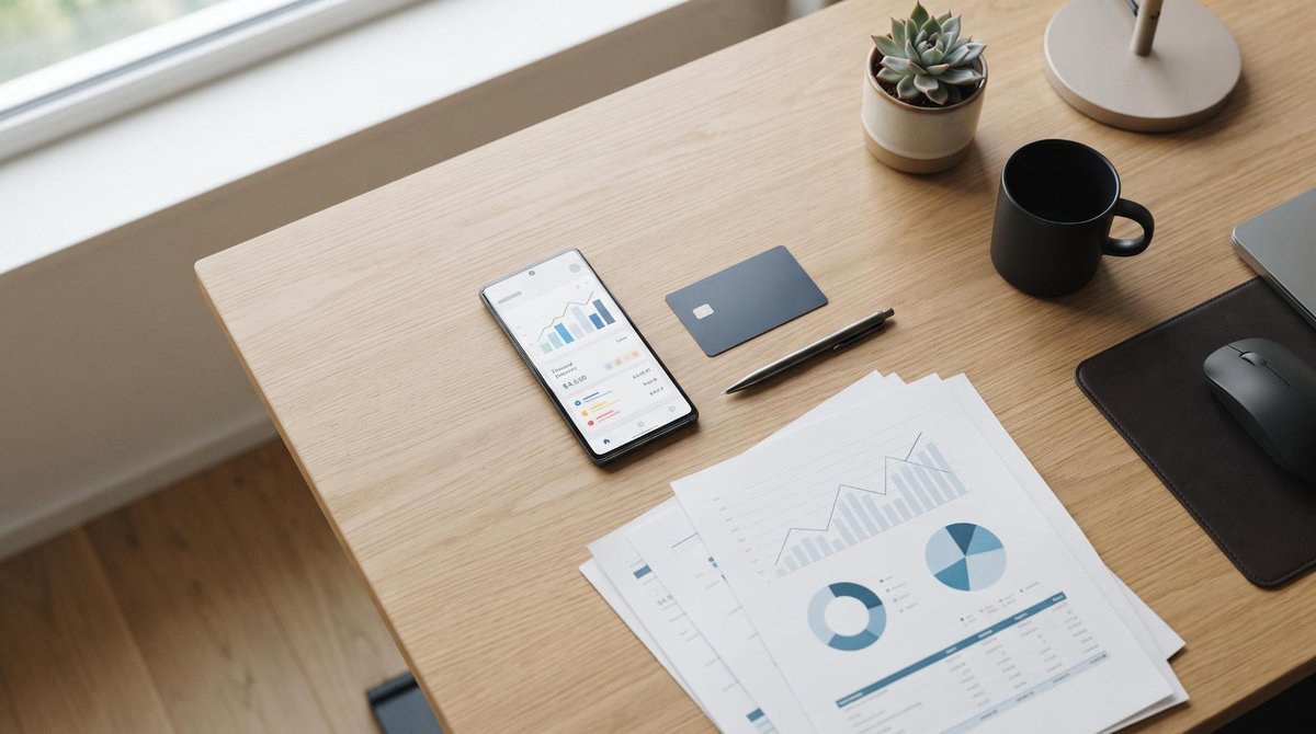 Como identificar taxas escondidas em serviços financeiros e proteger seu dinheiro 2 Visão de cima de uma mesa organizada com cartão de crédito, smartphone exibindo aplicativo bancário e documentos financeiros, ambiente de escritório m