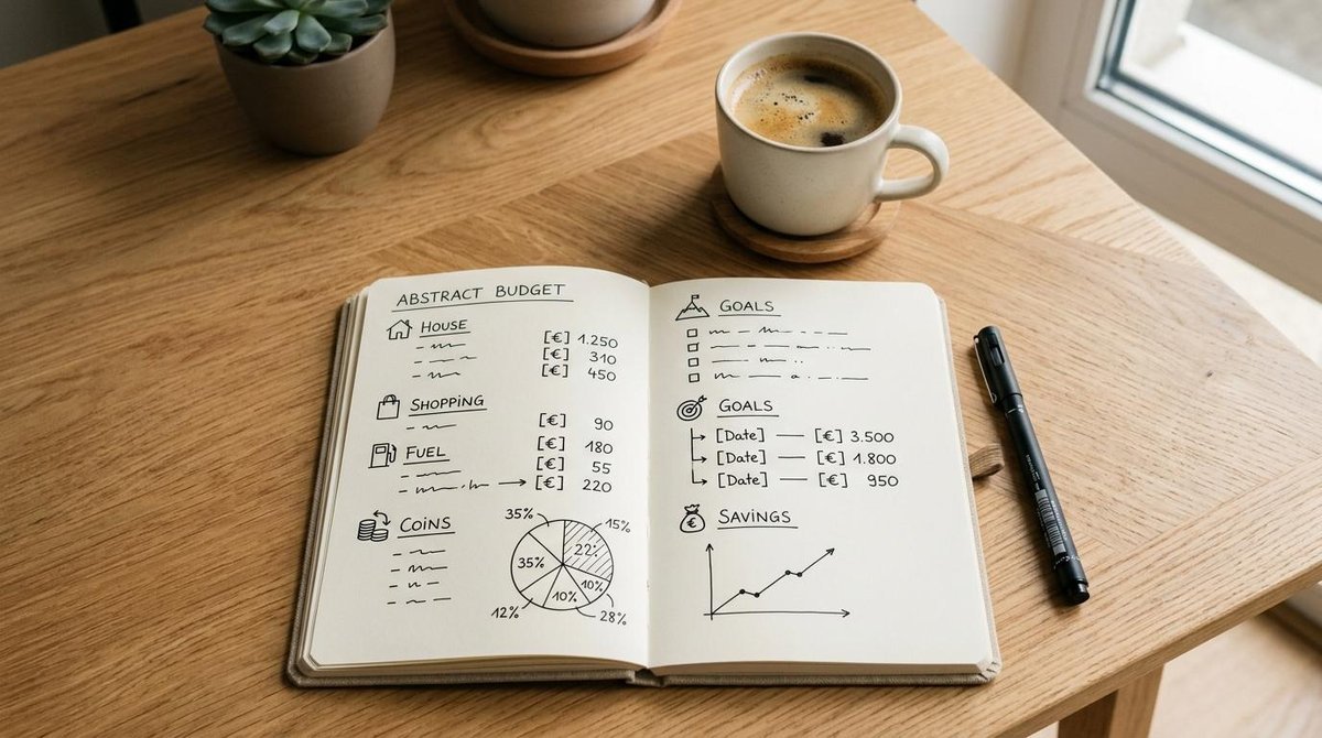 Um caderno aberto com anotações manuscritas de planejamento financeiro, caneta e uma xícara de café sobre uma mesa de madeira clara, composição minima