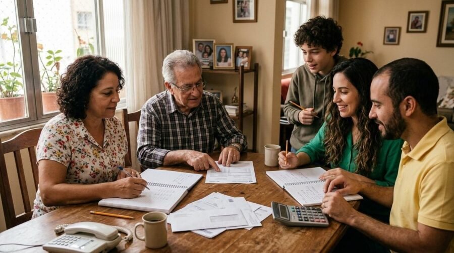 Família reunida em torno de uma mesa revisando contas e planejando o orçamento familiar mensal