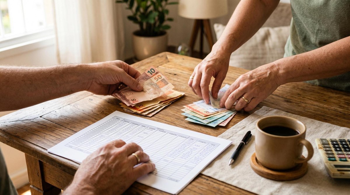 Como montar um orçamento familiar mensal que funcione na prática 1 Mãos adultas organizando notas de dinheiro, recibos e uma planilha impressa sobre uma mesa de madeira, com uma xícara de café ao lado, representando o