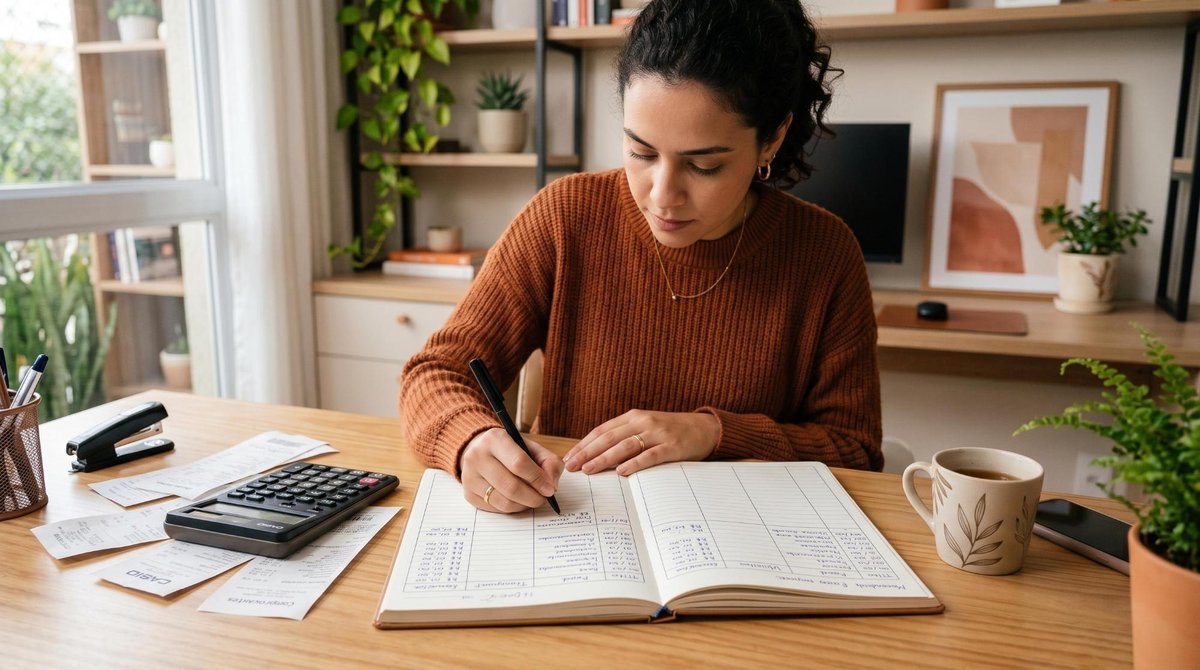 Como montar um orçamento familiar mensal que funcione na prática 2 Pessoa anotando despesas em um caderno aberto com colunas organizadas por categorias, ao lado de uma calculadora e comprovantes de pagamento, em um am