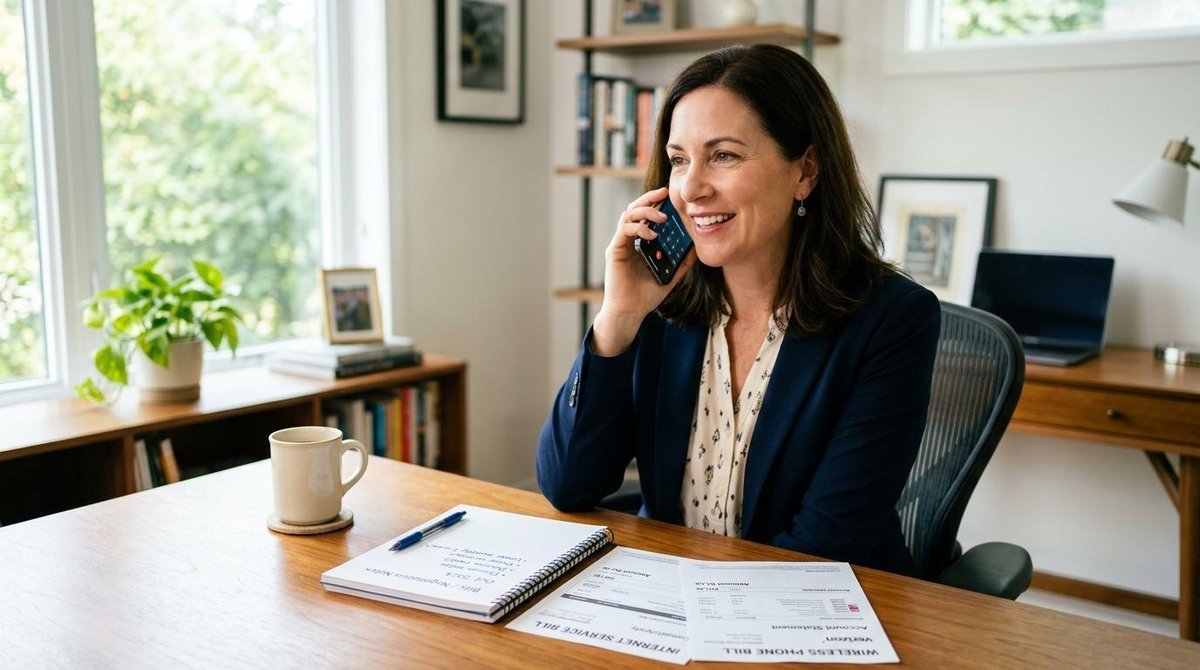 Pessoa adulta segurando smartphone enquanto fala ao telefone com postura profissional, faturas de serviços de internet e telefone visíveis sobre a mes