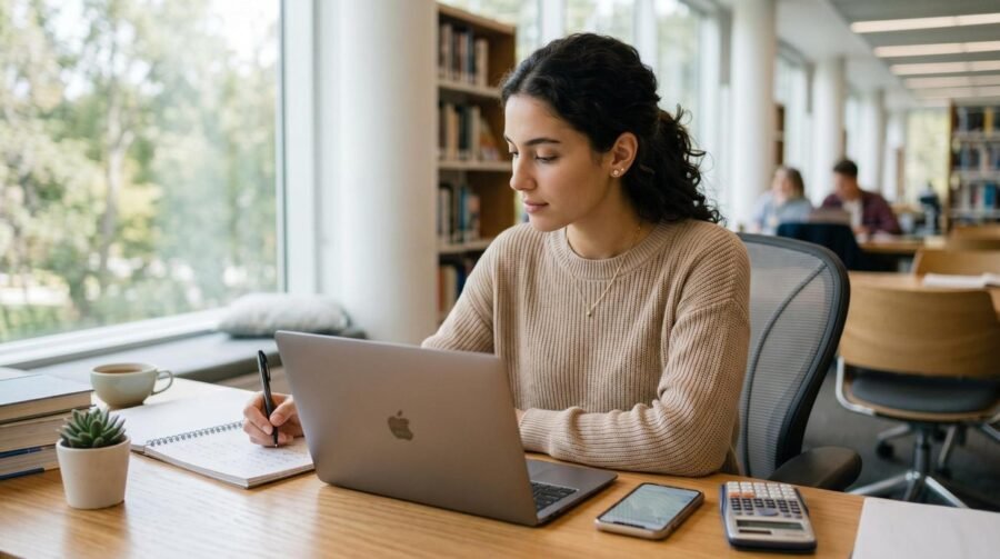 Estudante universitária organizando suas finanças pessoais com caderno e celular sobre a mesa