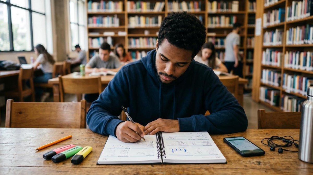 Estudante universitário planejando orçamento em uma agenda aberta sobre a mesa, com marca-textos coloridos e celular ao lado, ambiente de biblioteca m