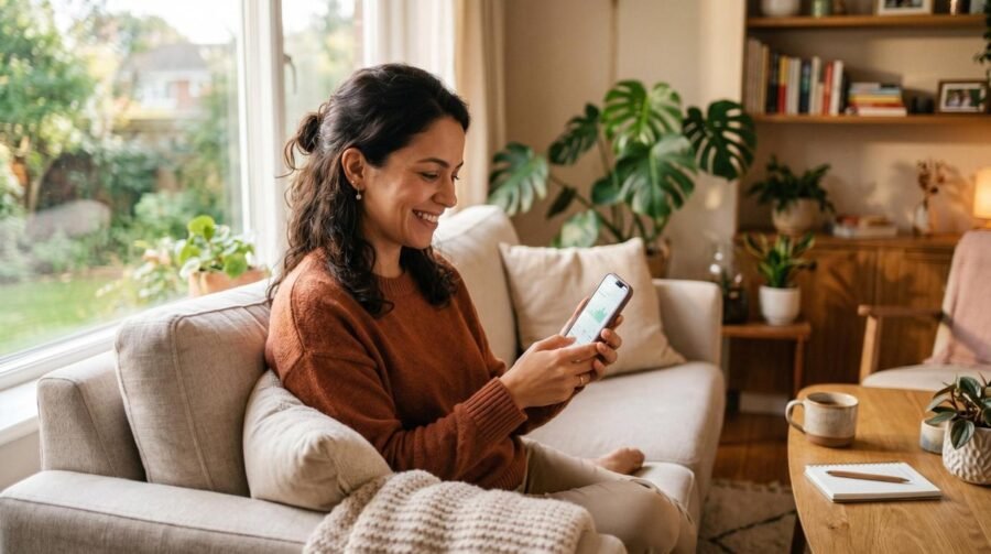 Pessoa consultando contas domésticas no celular enquanto organiza pagamentos automáticos no app do Mercado Pago