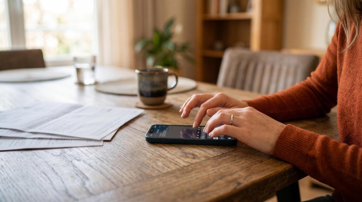 Como organizar pagamentos automáticos das contas da casa no Mercado Pago 2 Mãos de uma pessoa digitando em um smartphone moderno sobre uma mesa de jantar, com faturas de condomínio ao fundo desfocado, em um ambiente doméstico
