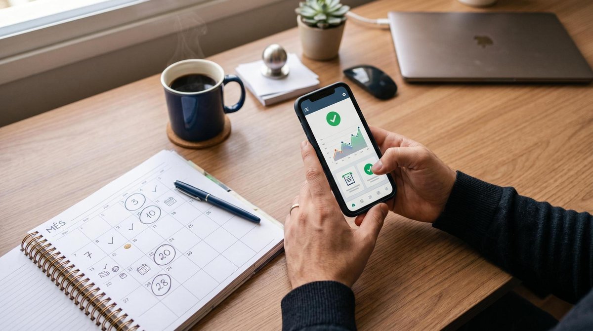 Mãos segurando um smartphone em uma mesa de escritório doméstico organizado, com uma agenda aberta ao lado exibindo datas circuladas e uma xícara de c