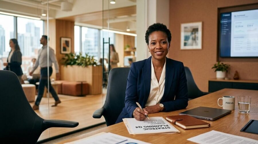 Pessoa sentada à mesa de trabalho revisando anotações antes de uma conversa sobre aumento de salário