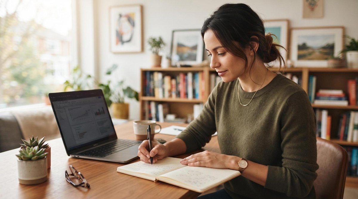 Pessoa profissional anotando pontos importantes em um caderno sobre a mesa de trabalho, com um laptop aberto ao lado, expressão tranquila e focada
