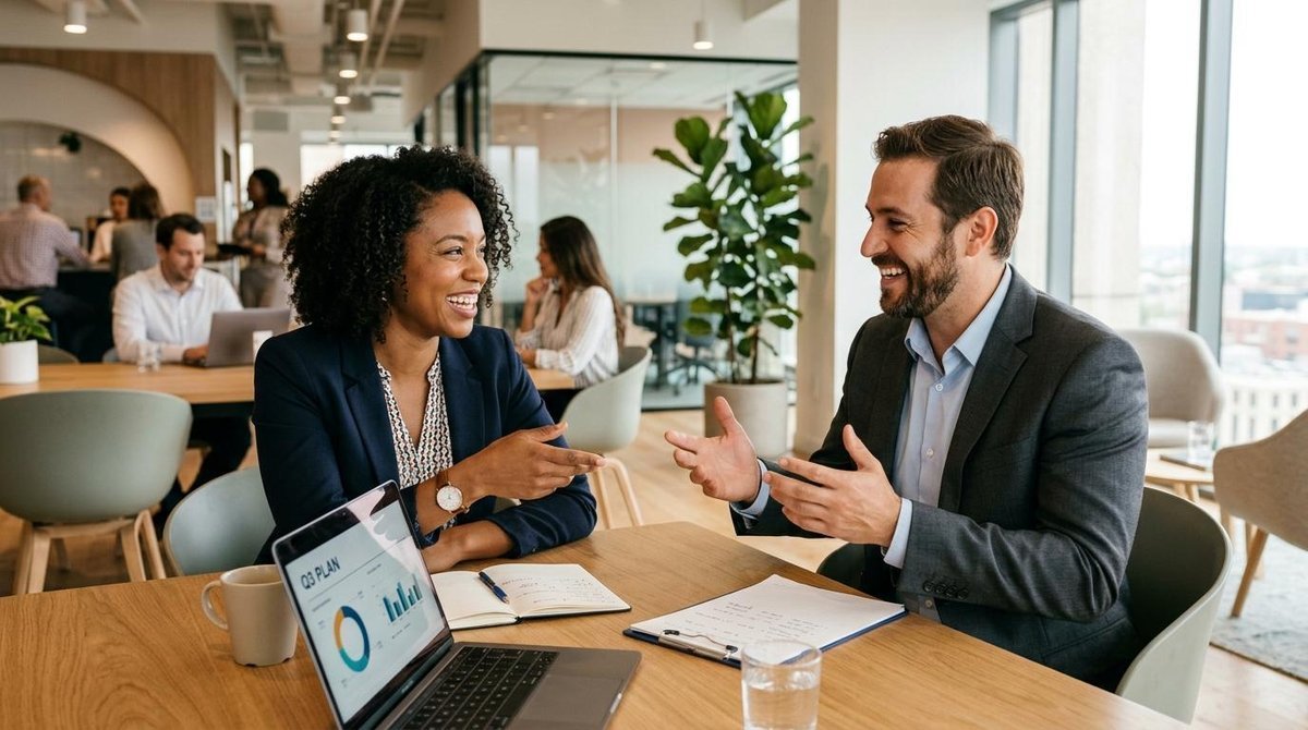 Dois profissionais em uma conversa amigável e produtiva em um ambiente de escritório moderno, ambos sorrindo e gesticulando de forma positiva, ilumina