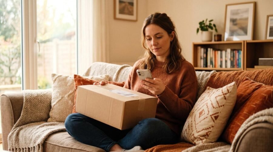Pessoa segurando um pacote recebido em casa enquanto consulta o prazo de arrependimento em compras online no celular
