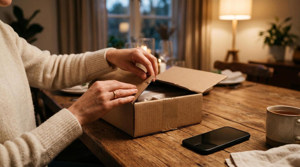 Direito de arrependimento em compras online: prazo, regras e como exercer na prática 1 Primeiro plano de mãos abrindo uma caixa de papelão de uma compra pela internet ao lado de um smartphone na mesa de jantar, com iluminação suave e amb