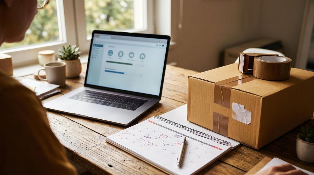Direito de arrependimento em compras online: prazo, regras e como exercer na prática 2 Um laptop aberto em uma mesa de trabalho com um calendário ao lado e uma caixa de produto sendo embalada para devolução, com tons quentes de madeira e