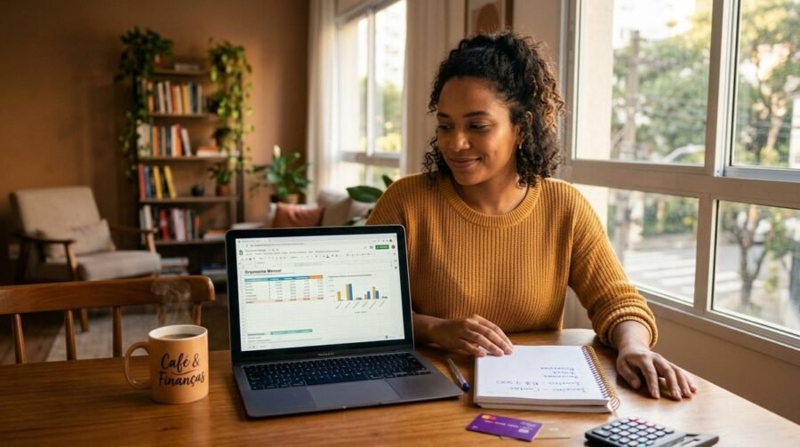 Pessoa sentada à mesa com caderno de anotações e celular, organizando suas finanças com expressão tranquila