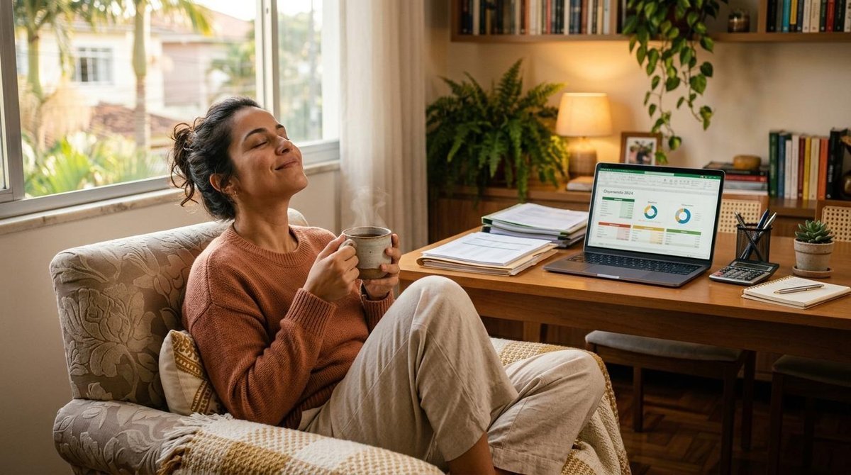 Mulher brasileira em ambiente doméstico confortável, segurando uma xícara de chá com os olhos fechados em atitude relaxada, enquanto ao fundo há uma m