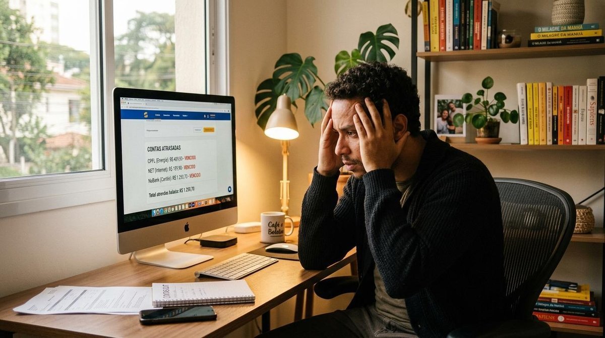 Homem brasileiro em ambiente de escritório caseiro, com mãos na cabeça demonstrando preocupação enquanto olha para contas não pagas na tela do computa