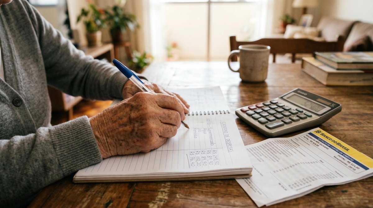 Mãos de uma pessoa idosa segurando uma caneta e anotando despesas em um caderno, com uma calculadora e fatura do cartão de crédito ao lado sobre a mes