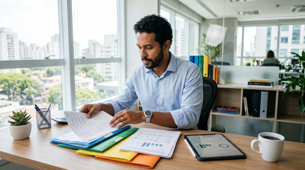 Profissional brasileiro organizando documentos financeiros em pastas coloridas sobre uma mesa de trabalho limpa, com tablet e xícara de café ao lado,