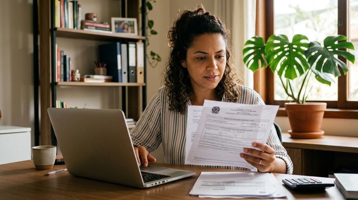Mulher brasileira concentrada verificando dados em um notebook enquanto segura documentos fiscais nas mãos, expressão atenta aos detalhes, ambiente do