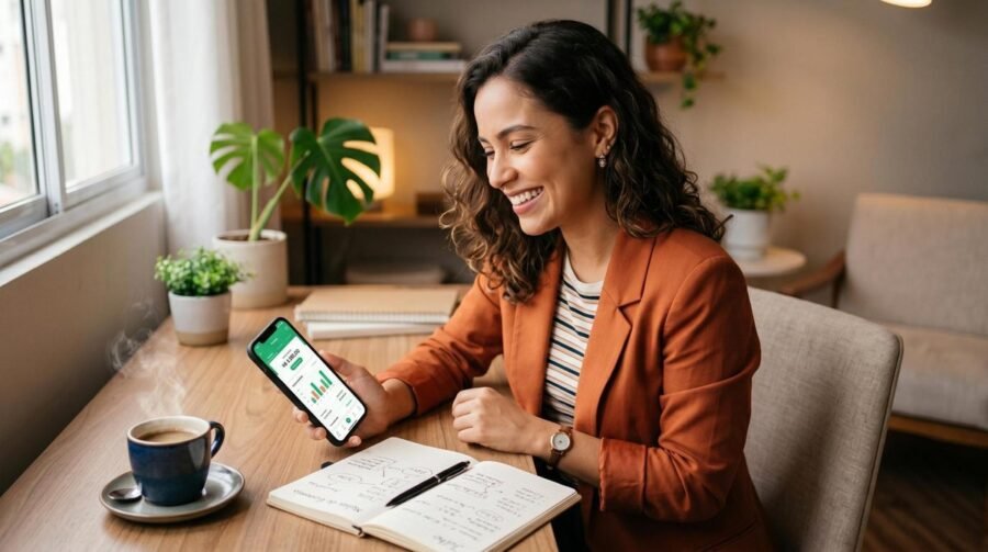 Pessoa consultando o extrato de gastos mensais em um aplicativo de controle financeiro no celular