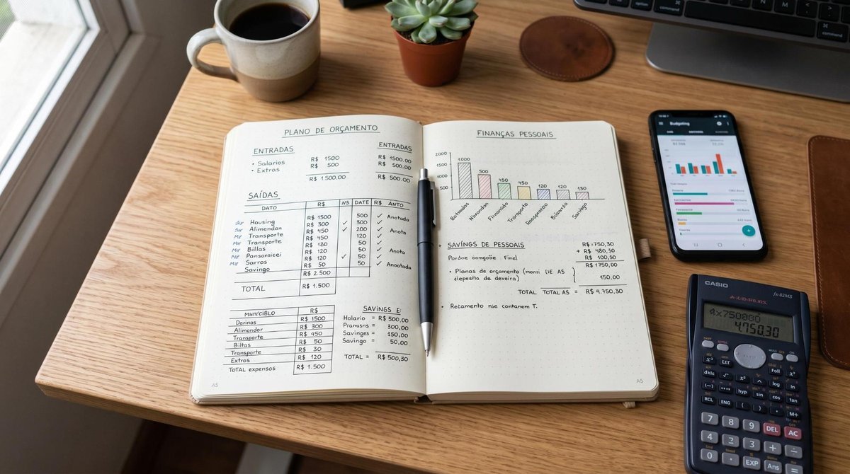 Visão de cima de uma mesa de trabalho organizada com um celular, uma calculadora e uma caneta sobre um caderno aberto com anotações de orçamento, repr