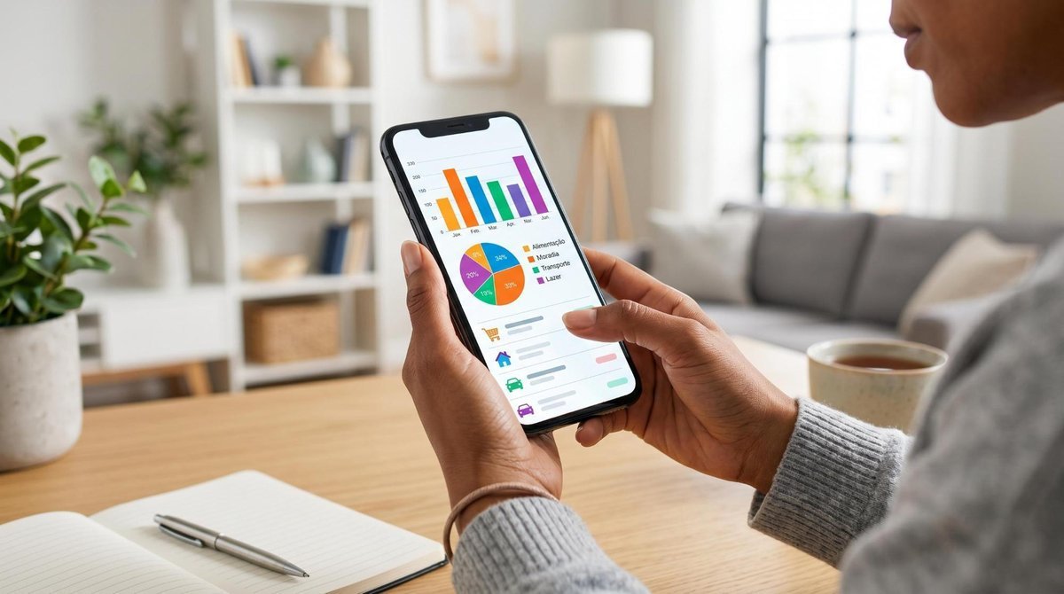 Mãos de uma pessoa adulta segurando um smartphone com uma tela de gráficos de despesas coloridos visível, sentada em um ambiente doméstico moderno e i