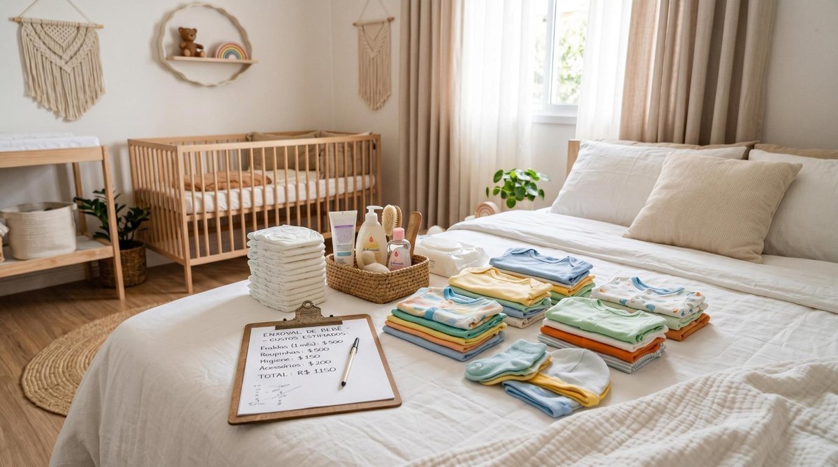Enxoval de bebê organizado sobre cama branca com roupinhas coloridas dobradas, fraldas empilhadas e produtos de higiene infantil, ao lado uma pranchet