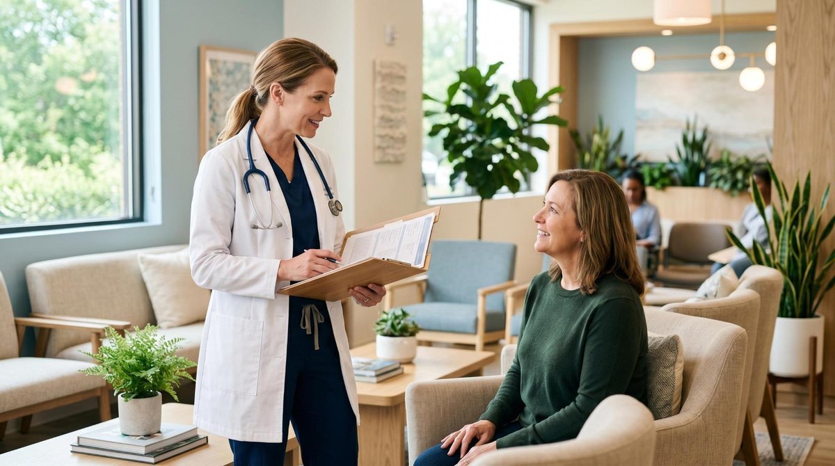 Profissional de saúde segurando prancheta com documentos enquanto conversa com paciente em uma sala de espera moderna e acolhedora, ambiente hospitala