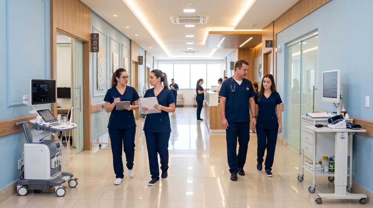 Corredor de um hospital particular moderno com profissionais de saúde uniformizados e equipamentos médicos visíveis, ambiente limpo e organizado com i
