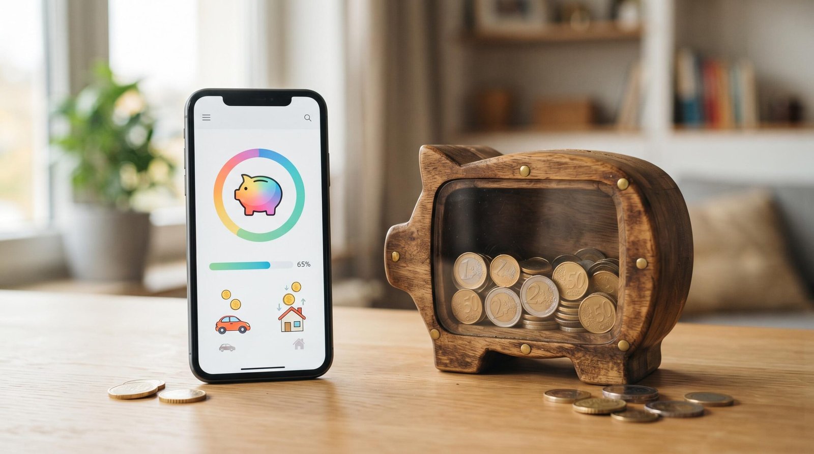Um smartphone mostrando um aplicativo bancário com a funcionalidade de cofrinho digital ao lado de um cofre tradicional de madeira com moedas dentro
