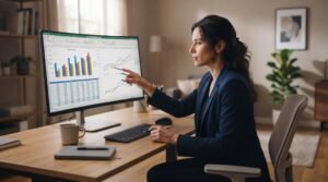 Como acompanhar rendimentos históricos do meu dinheiro e avaliar minha evolução financeira 4 pessoa apontando para gráficos de barras e linhas em monitor de computador