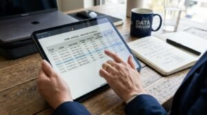 Pessoa analisando tabela de tarifas em tablet sobre mesa de madeira com caderno e caneta