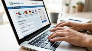 Pessoa digitando dados de pagamento em laptop para compra internacional com itens diversos
