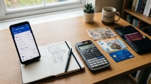 Mesa com celular, caderno, calculadora, dinheiro, passaporte e cartão de crédito organizados para planejamento de viagem internacional
