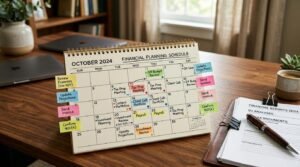 Calendário de outubro de 2024 com post-its coloridos sobre uma mesa de madeira, ao lado de documentos financeiros e caneta

