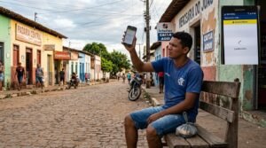 Contas digitais que funcionam sem internet: o que já existe e o que está por vir no Brasil 3 Pessoa sentada em banco de madeira segurando celular com tela carregando em rua de paralelepípedo