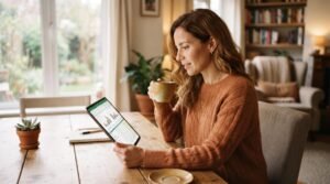 Mulher na casa dos 40 anos analisando planilha de gastos no tablet enquanto segura uma xícara de café, ambiente doméstico aconchegante com tons quente